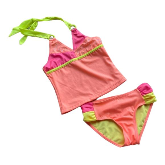 Justice Girl Tankini‎ Swimsuit Bathing Suit Bikini Neon Orange Yellow Pink Bling - Picture 1 of 6